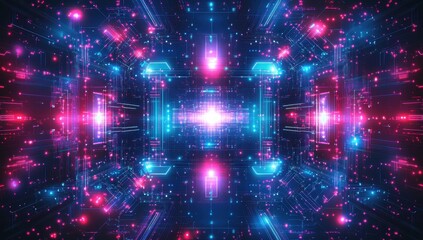 Poster - Futuristic digital landscape with vibrant neon lights, glowing particles, and abstract connections in a high-tech environment, perfect for sci-fi themes and visual effects