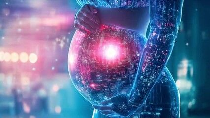 Leinwandbilder - A robot surrogate showcases a glowing, holographic belly that represents synthetic pregnancy. This bioengineering advancement reflects the fusion of technology and prenatal care in a modern setting.