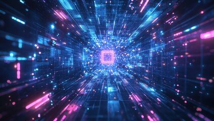 Poster - Futuristic Digital Tunnel with Glowing Particles in Blue and Pink Colors Representing Data Flow and Technology Advancement