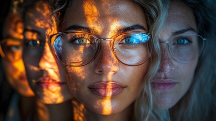 Poster - Intricate patterns of light cast upon the complex faces of young women reveal emotions and stories