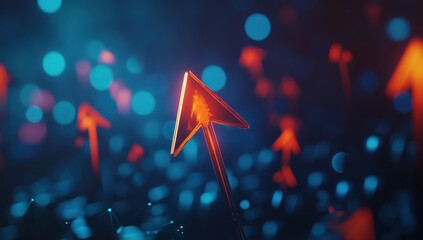 Poster - Futuristic glowing arrows pointing upwards in a vibrant digital landscape with blue and red lights for technology and growth concepts