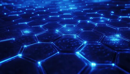 Aufkleber - Futuristic hexagonal grid background with glowing neon lights and abstract digital patterns in blue tones, ideal for technology and design themes