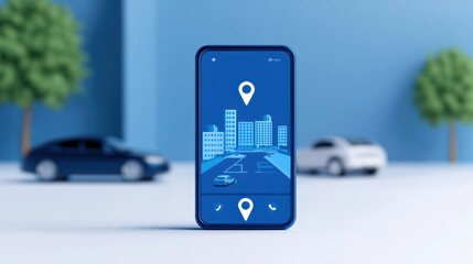 Poster - Smartphone Displaying City Map with Location Pins and Nearby Cars in Modern Urban Setting