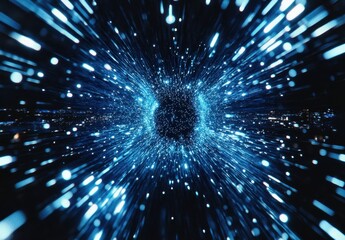 Poster - Futuristic Light Burst with Blue Particles and Dynamic Motion Creating an Illusion of Deep Space Travel