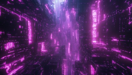 Poster - Futuristic Neon Cityscape with Glowing Pink Lights and Abstract 3D Structures Reflecting a Technology-Driven Urban Environment