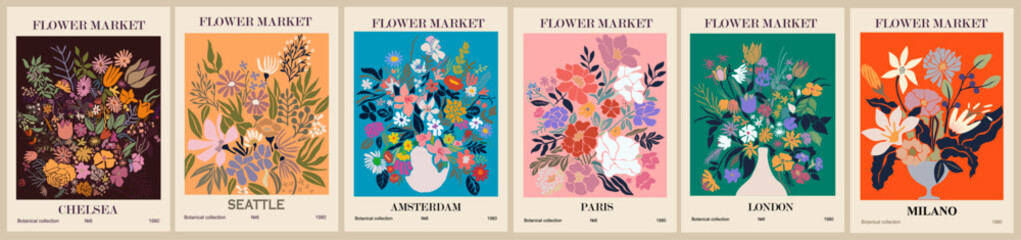 Naklejka na meble Set of abstract Flower Market posters. Trendy botanical wall arts with floral design in bright colors. Modern naive groovy funky interior decorations, paintings. Vector art illustration.