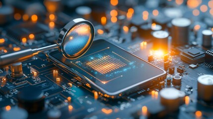 Poster - Exploring cutting-edge technology analyzing a microchip with a magnifying glass in a high-tech environment macro viewpoint innovative concept