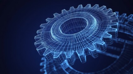 Poster - 3d wireframe illustration of a gear on a dark blue background.