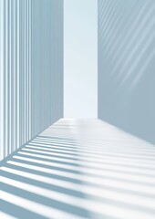 Poster - Light and Shadow Play within Minimalist Interior Space Featuring Vertical Lines and Soft Blue Tones