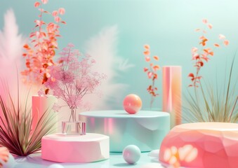 Poster - A 3D rendering of an abstract composition featuring various geometric shapes in pastel colors, including pink and blue hues.