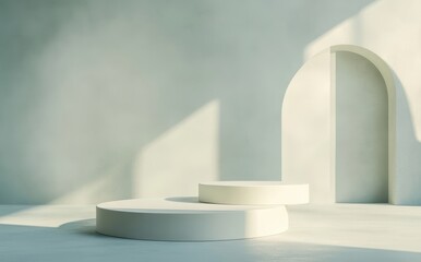 Poster - Minimalist Architectural Studio Scene with Circular Platforms and Archway bathed in Soft Natural Light in Calm Color Palette for Modern Interior Design Projects