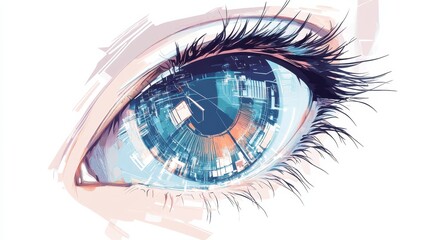 Poster - this abstract illustration depicts a bionic eye with digital overlays for enhanced vision