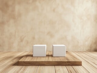 Poster - Minimalist Display of Two White Cubes on a Wooden Platform Against a Soft Beige Background in a Modern Interior Setting