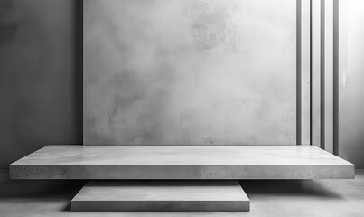 Poster - Minimalist gray interior with a sleek concrete platform and textured wall in a modern architectural space for contemporary design enthusiasts