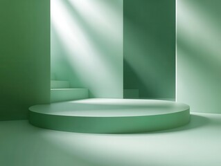 Poster - Minimalist Green Interior Space with Soft Light and Geometric Shapes, Ideal for Product Photography and Creative Backgrounds