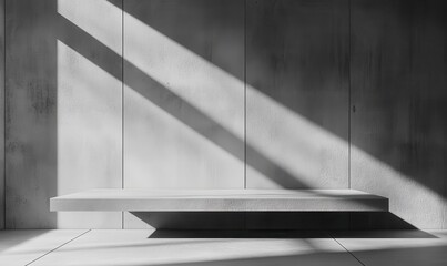 Poster - Minimalist interior with concrete shelf casting shadows on gray wall showcasing modern design and architectural elegance in a serene environment