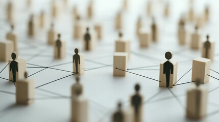 Poster - Wooden blocks connect human figures with thin black threads to illustrate a social network
