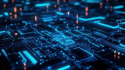 Poster - neon glowing digital technology circuit board in computer. futuristic glowing bright blue color. abs