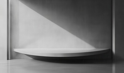 Poster - Minimalist modern interior featuring a curved white shelf and soft shadows against a textured concrete wall in a serene and elegant space