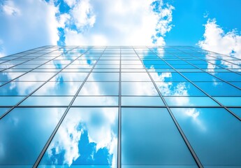 Poster - Modern Glass Building with Reflection of Clouds and Blue Sky in Cityscape Under Bright Daylight for Urban Architecture and Real Estate Imagery