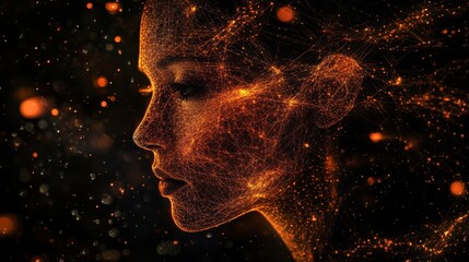 Poster - A wireframe portrait of a woman's face, made up of lines and dots, against a dark background with glowing particles.