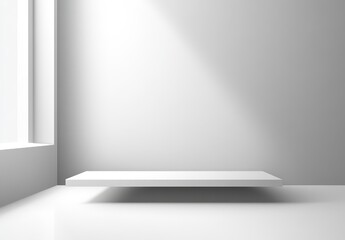 Poster - Modern Minimalist Empty Display Shelf with Soft Natural Light in Neutral Colored Room for Product Photography and Interior Design Concepts