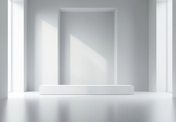 Poster - Modern minimalist interior design featuring a bright, spacious room with natural light and clean lines ideal for showcasing products or art installations