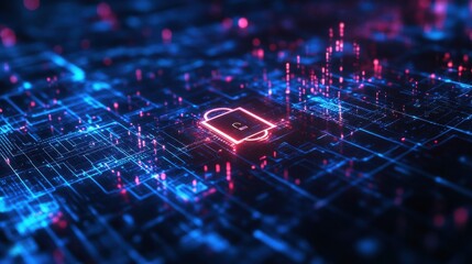Poster - Data protection technology on the interface of a cyber security network. Ai security, Blockchain, Digital padlock, Internet-authorized access against cyber attacks. Concept of privacy for business