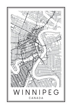 Printable downtown road map poster of the Canadian city of WINNIPEG on solid white background with city name