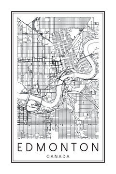 Printable downtown road map poster of the Canadian city of EDMONTON on solid white background with city name
