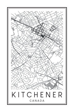 Printable downtown road map poster of the Canadian city of KITCHENER on solid white background with city name