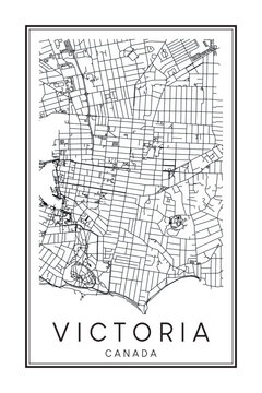 Printable downtown road map poster of the Canadian city of VICTORIA on solid white background with city name
