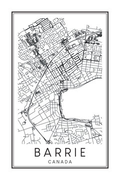 Printable downtown road map poster of the Canadian city of BARRIE on solid white background with city name