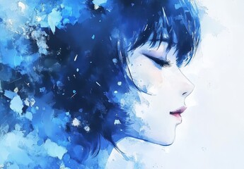 Poster - Portrait of a Young Woman with Blue Hair and Ethereal Watercolor Background for Artistic and Creative Projects
