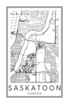 Printable downtown road map poster of the Canadian city of SASKATOON on solid white background with city name