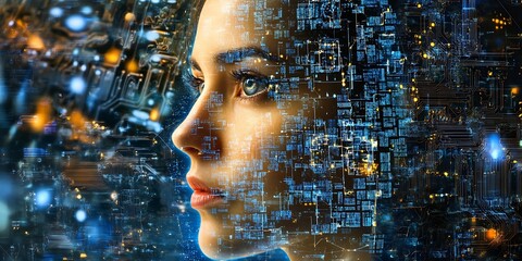 a woman's face with a computer screen