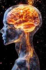 Poster - A detailed depiction of a transparent, circuit-constructed brain inside an AI head, with futuristic factory lights glowing in the background