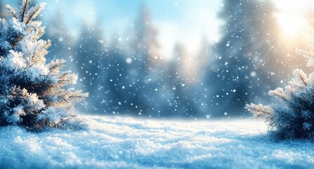 Poster - Serene Winter Landscape with Snow-Covered Ground and Frosty Trees Under a Soft Blue Sky