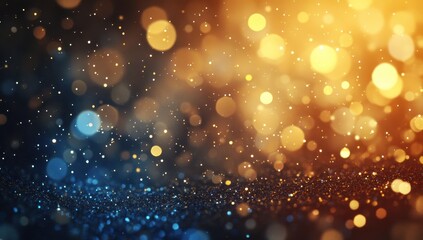 Poster - Shimmering Bokeh Background with Gold and Blue Glitter Particles in Soft Focus for Elegant and Festive Celebrations or Artistic Design Projects