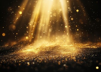 Poster - Shimmering Light Rays and Sparkling Gold Particles Creating a Magical Atmosphere in a Dark Background for an Enchanting Visual Experience