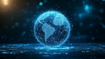 Poster - A futuristic and high-tech aesthetic is achieved as a glowing blue digital sphere, formed by numerous particles, floats in a dark space