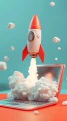 digital leap, a rocket launching from a laptop with cloud puffs
