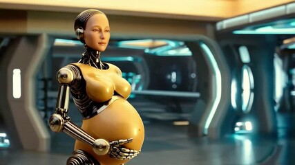 Leinwandbilder - In a futuristic setting, a robotic surrogate displays her pregnant form, showcasing significant advancements in bioengineering and synthetic life processes.