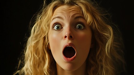 Canvas Print - Close-up portrait of a surprised young woman with blonde curly hair and wide open mouth against a black background.