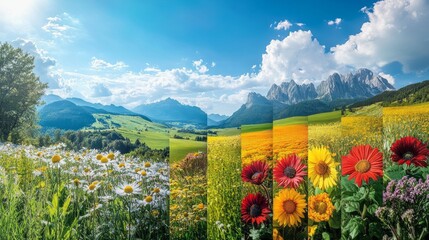 Poster - A stunning landscape captures colorful flowers in the foreground, with lush green fields stretching toward majestic mountains