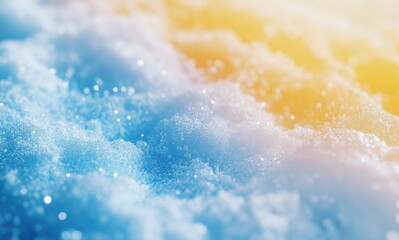 Poster - Soft Blue and White Foam Waves with Gentle Golden Light Reflecting, Abstract Oceanic Texture in Calm and Peaceful Mood
