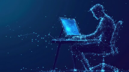 Poster - Computer technology low poly wireframe banner vector template. Software development, freelance poster polygonal design with text space. A person working with desktop PC 3d mesh art with connected dot