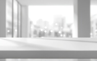Poster - Soft Focus Background of Modern Office Space with Blurred Cityscape View and Subtle Light Reflections on Tabletop for Minimalist Design Purposes