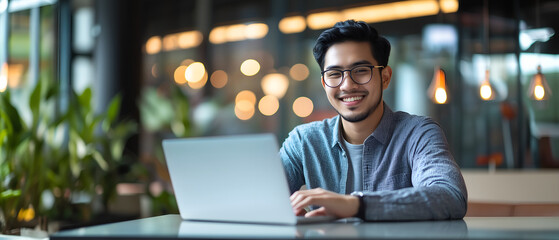 handsome, young indonesian / asian freelance businessman working on laptop and posing with a smile in office interior; casual attire; copy space