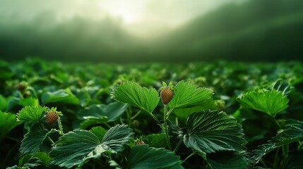 Poster - A field of green plants with a few strawberries on them